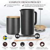 Ceramic French Press Coffee Maker/Coffee Plunger/Coffee Press (24 oz.) with Grounds Canister | Non-Porous Stoneware | Complimentary Measuring & Stirring Spoons