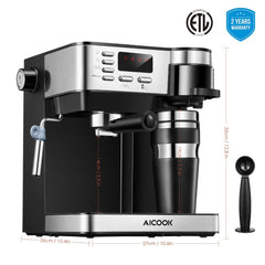 AICOOK Espresso and Coffee Machine, 3 in 1 Combination 15 Bar Espresso Machine and Single Serve Coffee Maker With Coffee Mug, Milk Frother for Cappuccino and Latte, Black