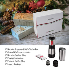 Portable Coffee Maker, Compatible K-Cup and Ground Coffee, Barsetto Tripresso CA, Fast Extraction System Coffee Machine with Stainless Steel Insulation Cup for Travel Hiking and Picnic, Manually Operated from Piston Action